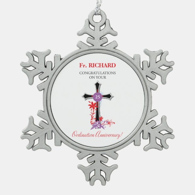 Priest 25th Ordination Anniversary Black Cross Snowflake Pewter Christmas Ornament (Front)