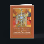 Priest 25th Ordination Anniversary Monstrance Host Card<br><div class="desc">Mark the 25th ordination anniversary of a priest with this elegant card. The exquisite gold monstrance with the Blessed Sacrament, set against a richly coloured stone background, reflects 25 years of faithful service. The message inside offers heartfelt blessings and gratitude, making this card a perfect way to recognise the priest’s...</div>