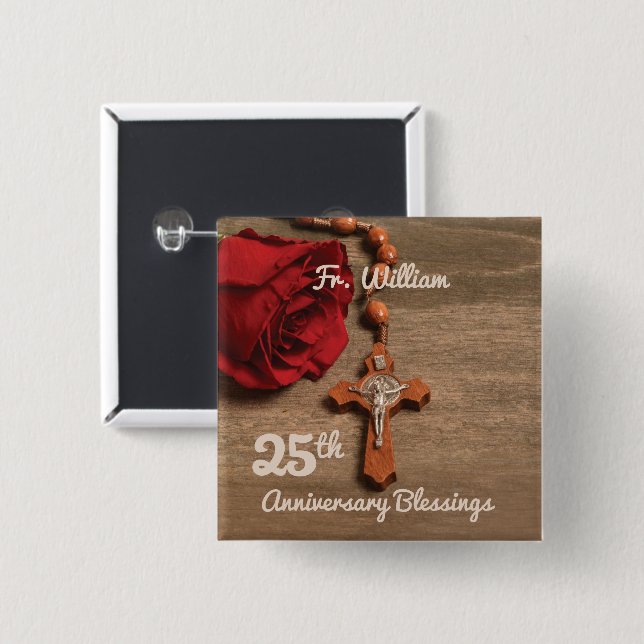 Priest 25th Ordination Anniversary Rose and Rosary 15 Cm Square Badge (Front & Back)