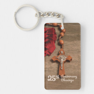 Priest 25th Ordination Anniversary Rose and Rosary Key Ring