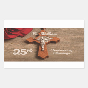 Priest 25th Ordination Anniversary Rose and Rosary Rectangular Sticker