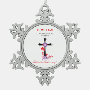 Priest 30th Ordination Anniversary Black Cross Snowflake Pewter Christmas Ornament