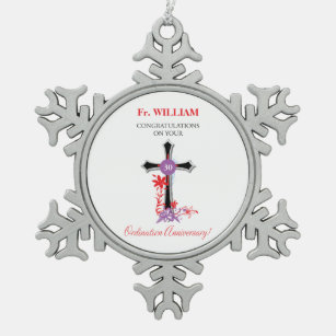 Priest 30th Ordination Anniversary Black Cross Snowflake Pewter Christmas Ornament