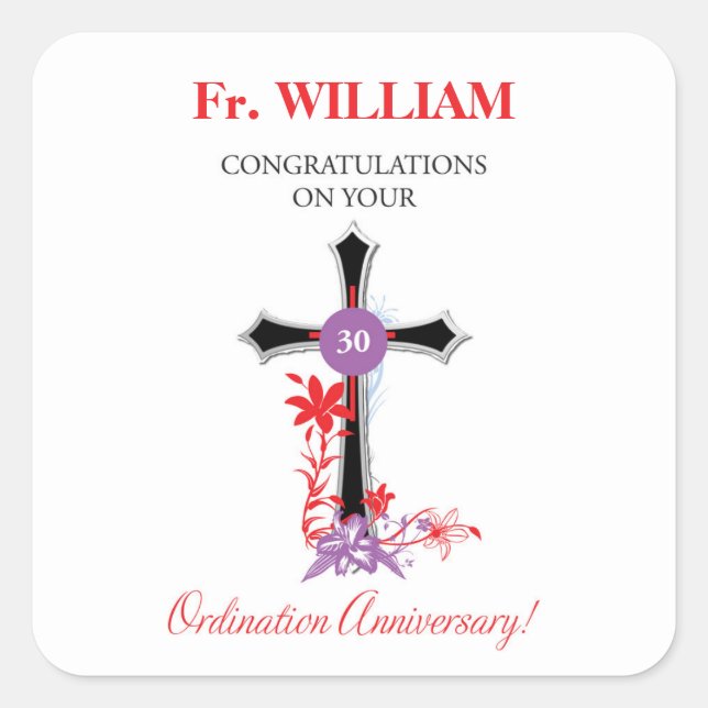 Priest 30th Ordination Anniversary Black Cross Square Sticker (Front)