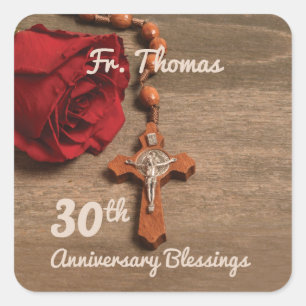 Priest 30th Ordination Anniversary Rose and Rosary Square Sticker