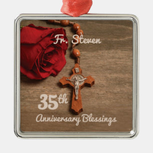 Priest 35th Ordination Anniversary Rose and Rosary Metal Tree Decoration