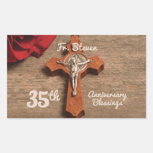 Priest 35th Ordination Anniversary Rose and Rosary Rectangular Sticker (Front)