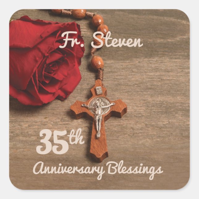 Priest 35th Ordination Anniversary Rose and Rosary Square Sticker (Front)