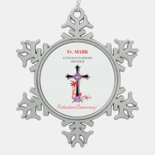 Priest 40th Ordination Anniversary Black Cross Snowflake Pewter Christmas Ornament