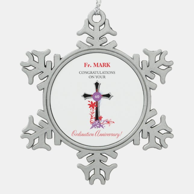 Priest 40th Ordination Anniversary Black Cross Snowflake Pewter Christmas Ornament (Front)