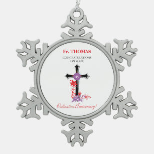 Priest 45th Ordination Anniversary Black Cross Snowflake Pewter Christmas Ornament