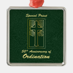 Priest 50th Anniversary of Ordination Leather Look Metal Tree Decoration