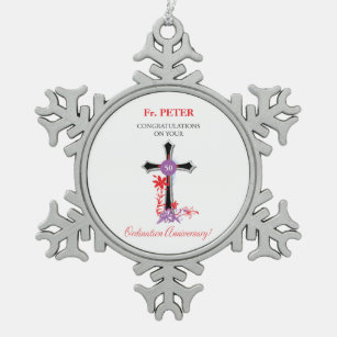 Priest 50th Ordination Anniversary Black Cross Snowflake Pewter Christmas Ornament