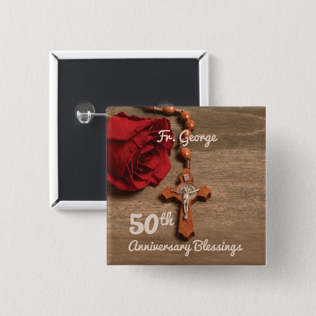 Priest 50th Ordination Anniversary Rose and Rosary 15 Cm Square Badge (Front & Back)