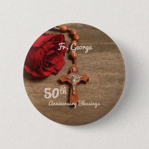 Priest 50th Ordination Anniversary Rose and Rosary 6 Cm Round Badge