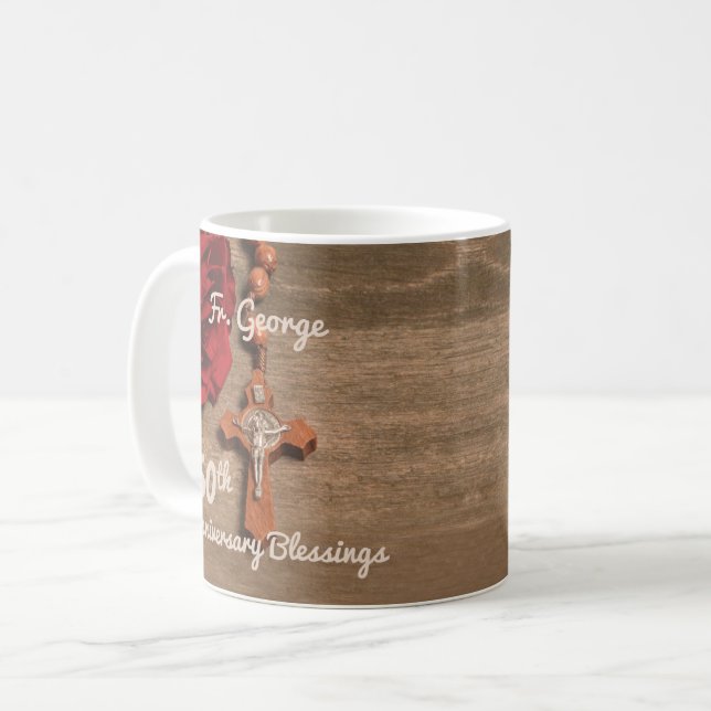 Priest 50th Ordination Anniversary Rose and Rosary Coffee Mug (Front Left)