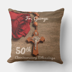 Priest 50th Ordination Anniversary Rose and Rosary Cushion