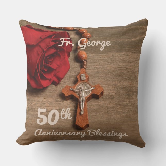Priest 50th Ordination Anniversary Rose and Rosary Cushion (Front)