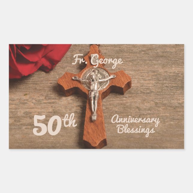 Priest 50th Ordination Anniversary Rose and Rosary Rectangular Sticker (Front)