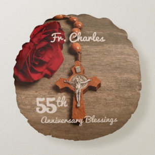 Priest 55th Ordination Anniversary Rose and Rosary Round Cushion
