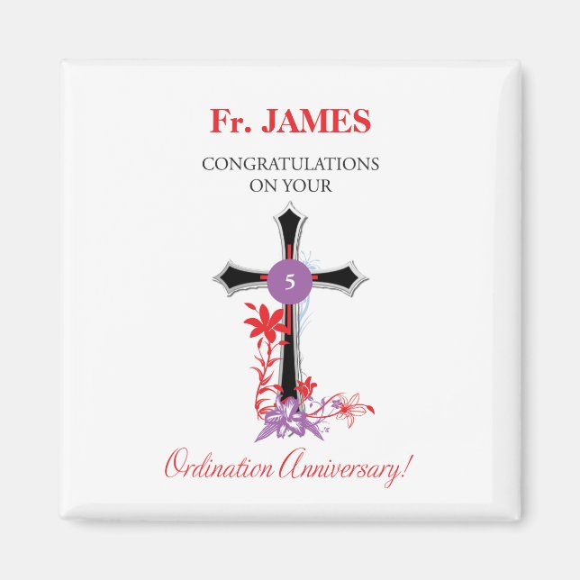 Priest 5th Ordination Anniversary Black Cross Magnet (Front)