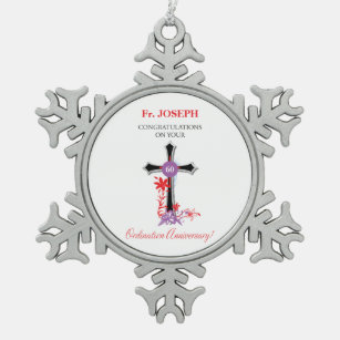 Priest 60th Ordination Anniversary Black Cross Snowflake Pewter Christmas Ornament