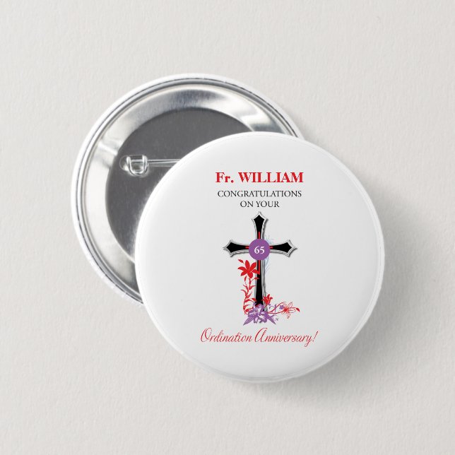 Priest 65th Ordination Anniversary Black Cross 6 Cm Round Badge (Front & Back)
