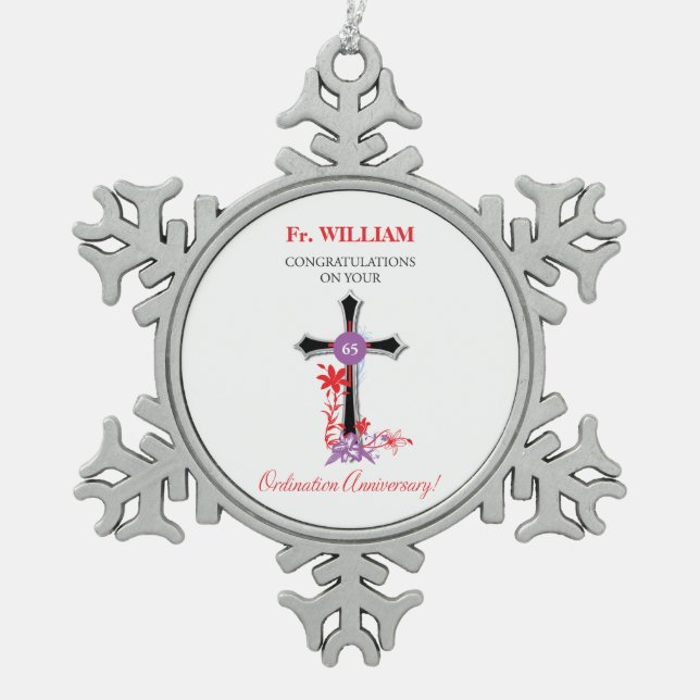 Priest 65th Ordination Anniversary Black Cross Snowflake Pewter Christmas Ornament (Front)