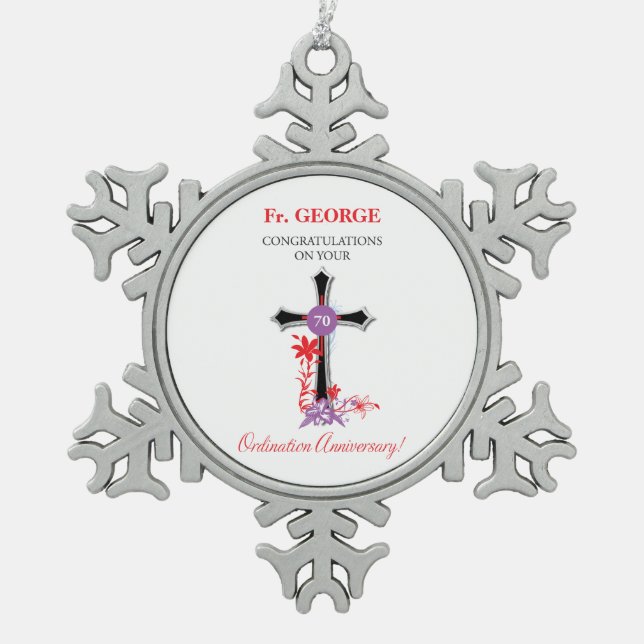 Priest 70th Ordination Anniversary Black Cross Snowflake Pewter Christmas Ornament (Front)