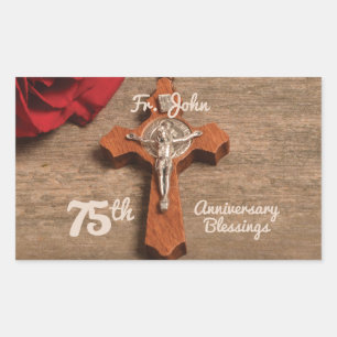 Priest 75th Ordination Anniversary Rose and Rosary Rectangular Sticker