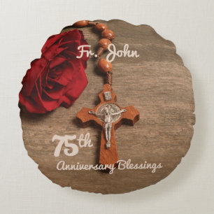 Priest 75th Ordination Anniversary Rose and Rosary Round Cushion