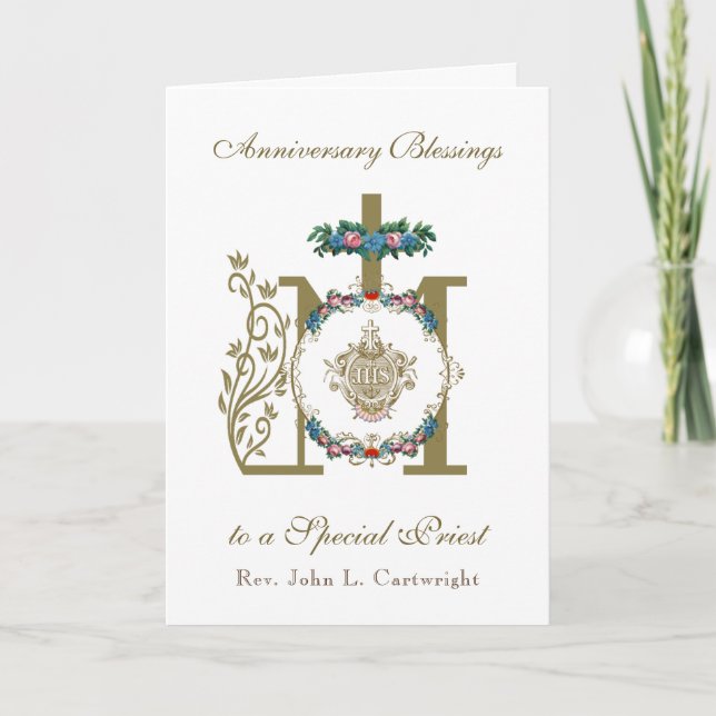 Priest Anniversary Ordination Marian Cross IHS Card (Front)