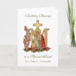 Priest Birthday Blessings Celebration Virgin Mary Card<br><div class="desc">This is a beautiful traditional Catholic customised image of the Blessed Virgin Mary with the Child Jesus on a gold  Marian Cross with red and pink roses.. All text and fonts may be modified to suit the occasion and recipient.</div>