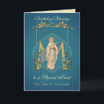 Priest Birthday Blessings Celebration Virgin Mary  Card<br><div class="desc">This is a beautiful traditional Catholic customised image of the Blessed Virgin Mary,  Our Lady of Lourdes overlaid on a Marian "M" with blue flowers and a gold frame.  All text and fonts may be modified to suit the occasion and recipient.</div>