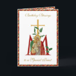 Priest Birthday Celebration Virgin Mary Jesus Card<br><div class="desc">This is a beautiful traditional Catholic customised image of the Blessed Virgin Mary with Jesus overlaid on a Marian Cross with a colourful border.  Inside is the same image with the holy rosary. All text and fonts may be modified to suit the occasion and recipient.</div>