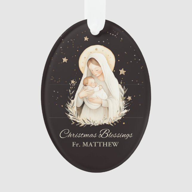 Priest Christmas Blessings Madonna Child Black Ornament (Front)