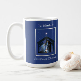Priest Christmas Blessings, Nativity Scene on Blue Coffee Mug