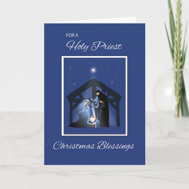 Priest Christmas Blessings, Nativity Scene on Blue Holiday Card (Front)