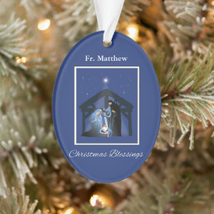 Priest Christmas Blessings, Nativity Scene on Blue Ornament