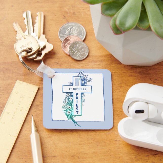 Priest Cross Flowers Personalised Key Ring (Desk)