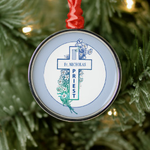 Priest Cross Flowers Personalised Metal Tree Decoration