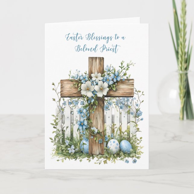 Priest Easter Blessings Cross White Fence Flowers Card (Front)