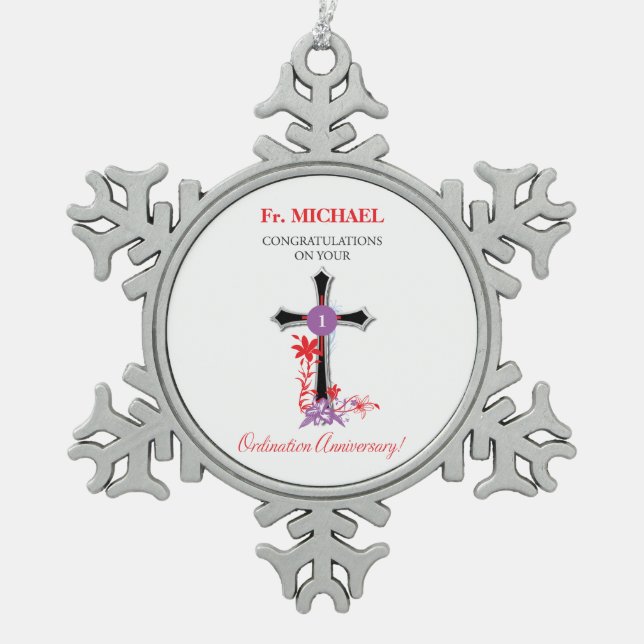 Priest Ordination Anniversary Black Cross Snowflake Pewter Christmas Ornament (Front)