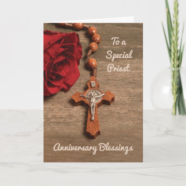 Priest Ordination Anniversary Red Rose and Rosary Card (Front)