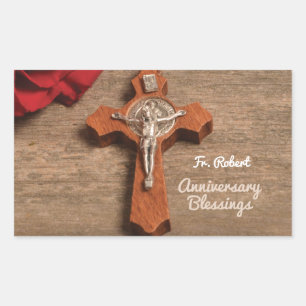 Priest Ordination Anniversary Red Rose and Rosary Rectangular Sticker