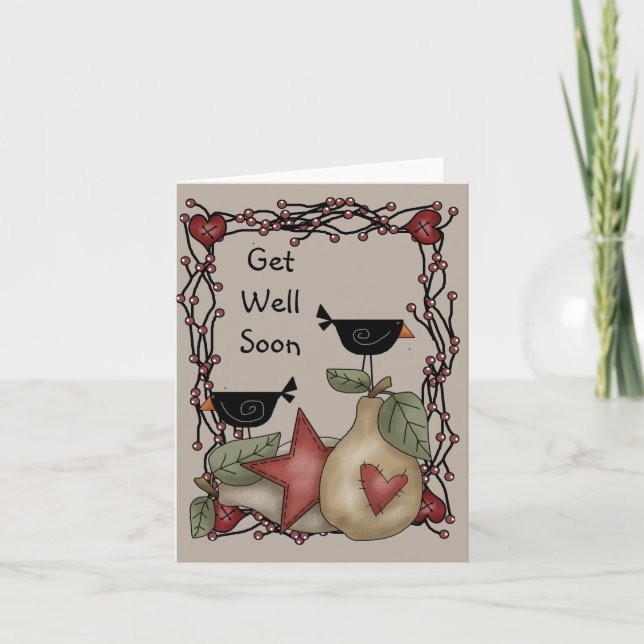 Prim Crow Get Well Wishes Note Card (Front)