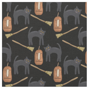 Prim Halloween Cats, Pumpkins, Brooms, 56" Fabric