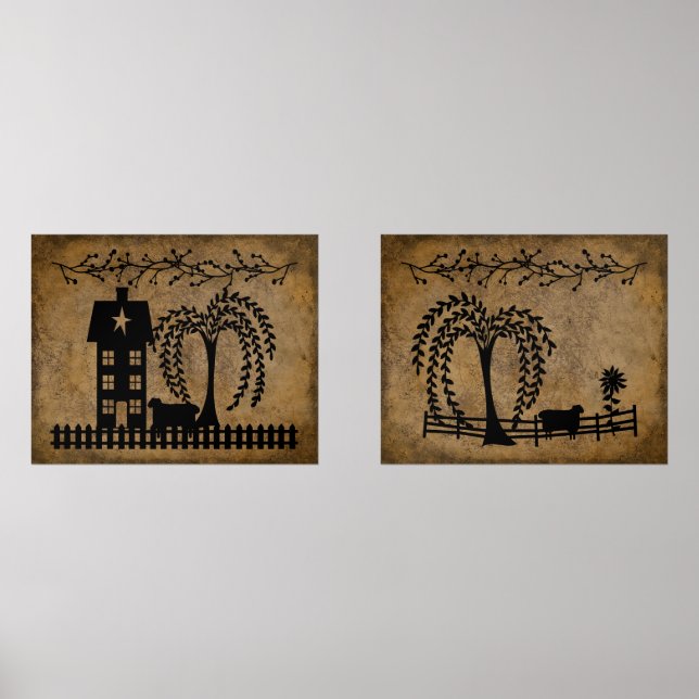 Prim Salt Box House Willow Tree Sheep Pip Berries (Front)