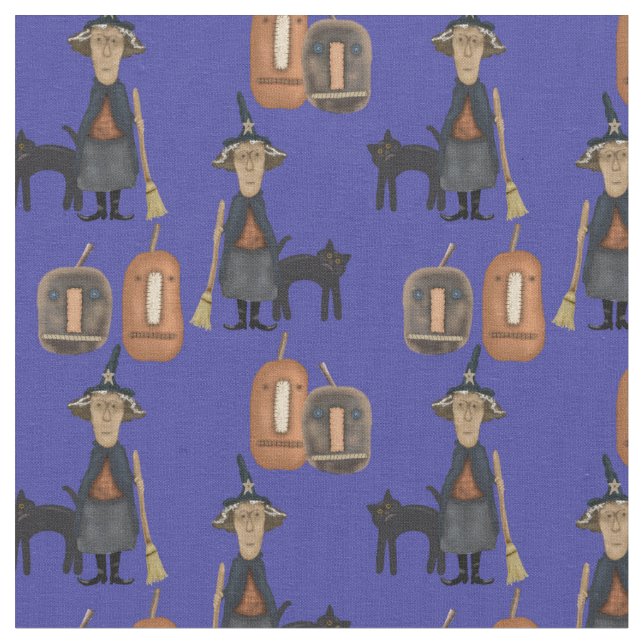Prim Witches and Pumpkins, Cotton 56" Fabric (Close Up)