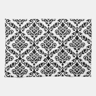 Prima Damask Big Ptn Black on White Tea Towel
